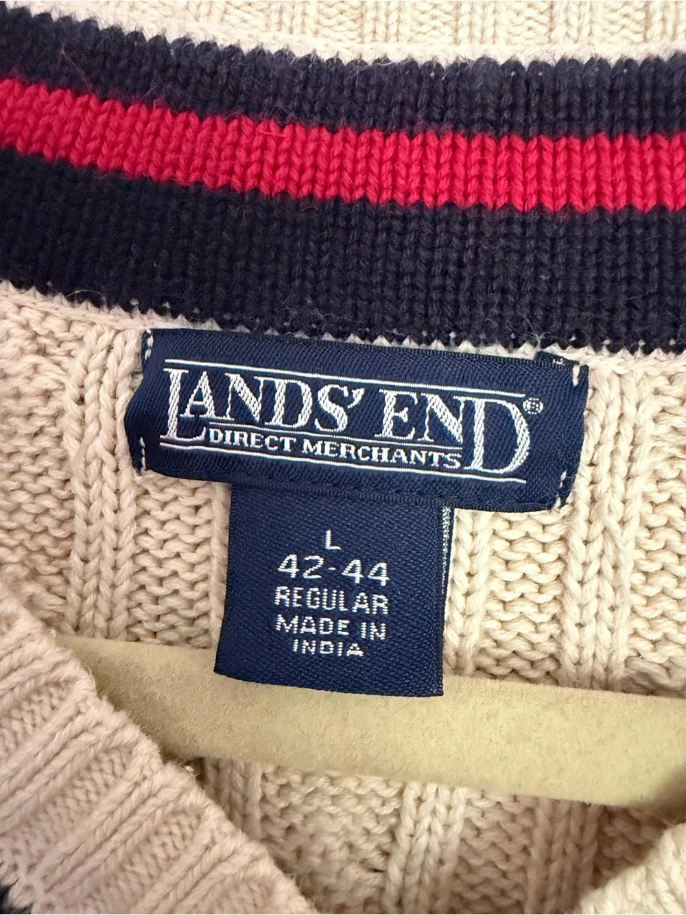 Vtg LANDS END Cable Knit Sweater Men’s L 42-44 V-Neck Preppy Academia Striped